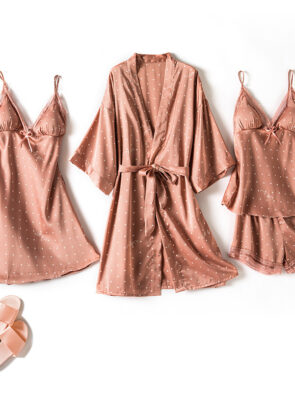 Print Dot Lady Nightwear Satin 4PCS Pajamas Set For Women
