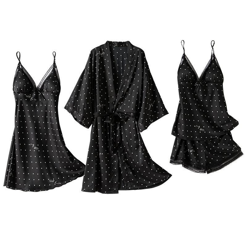Print Dot Lady Nightwear Satin 4PCS Pajamas Set For Women - Image 7
